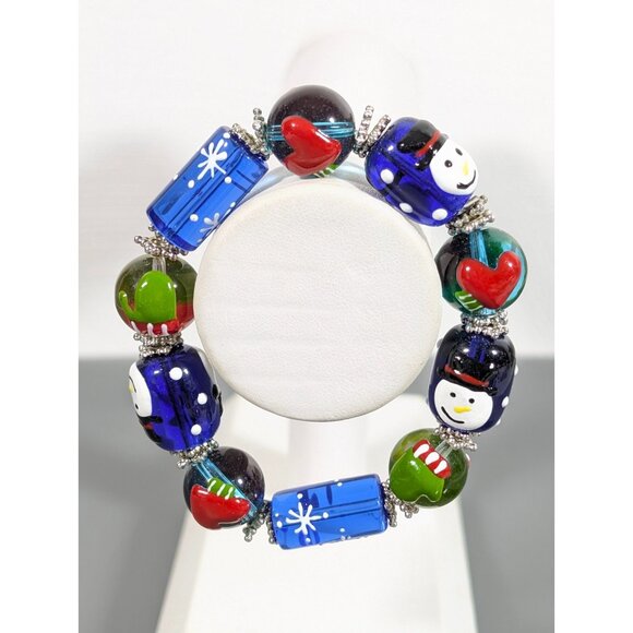Winter Holiday Glass Stretch Bracelet Blue Green Red Heart Snowman Painted 6.5" - Picture 1 of 8